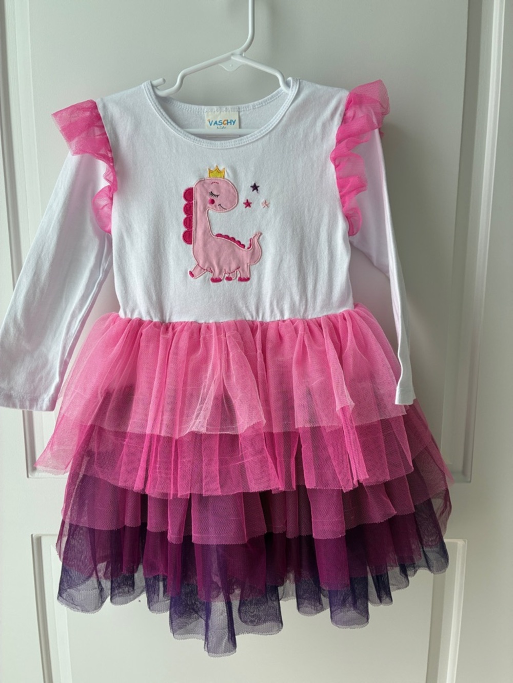 Girls Pink Dino Tulle Layered Party Dress- 4T